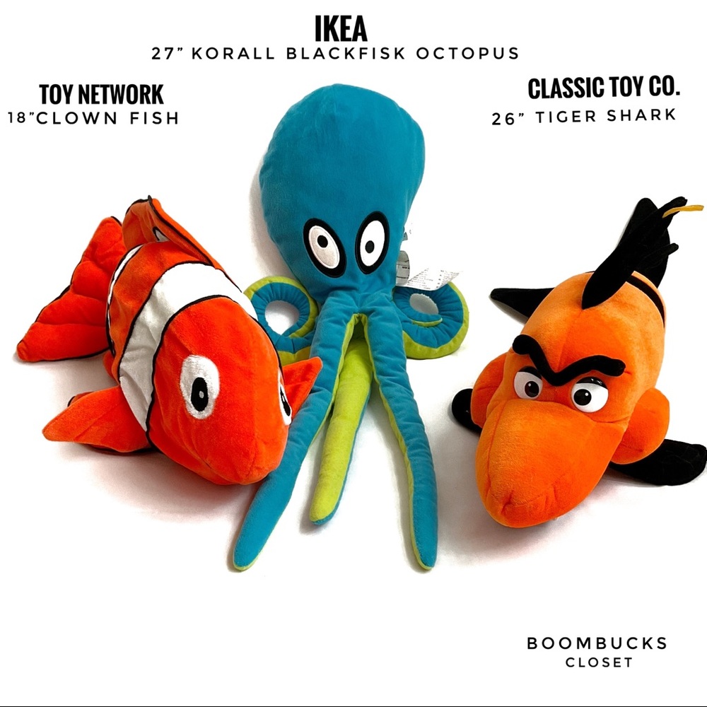 Lot LARGE Ikea Plush  Octopus, Tiger Shark, Nemo